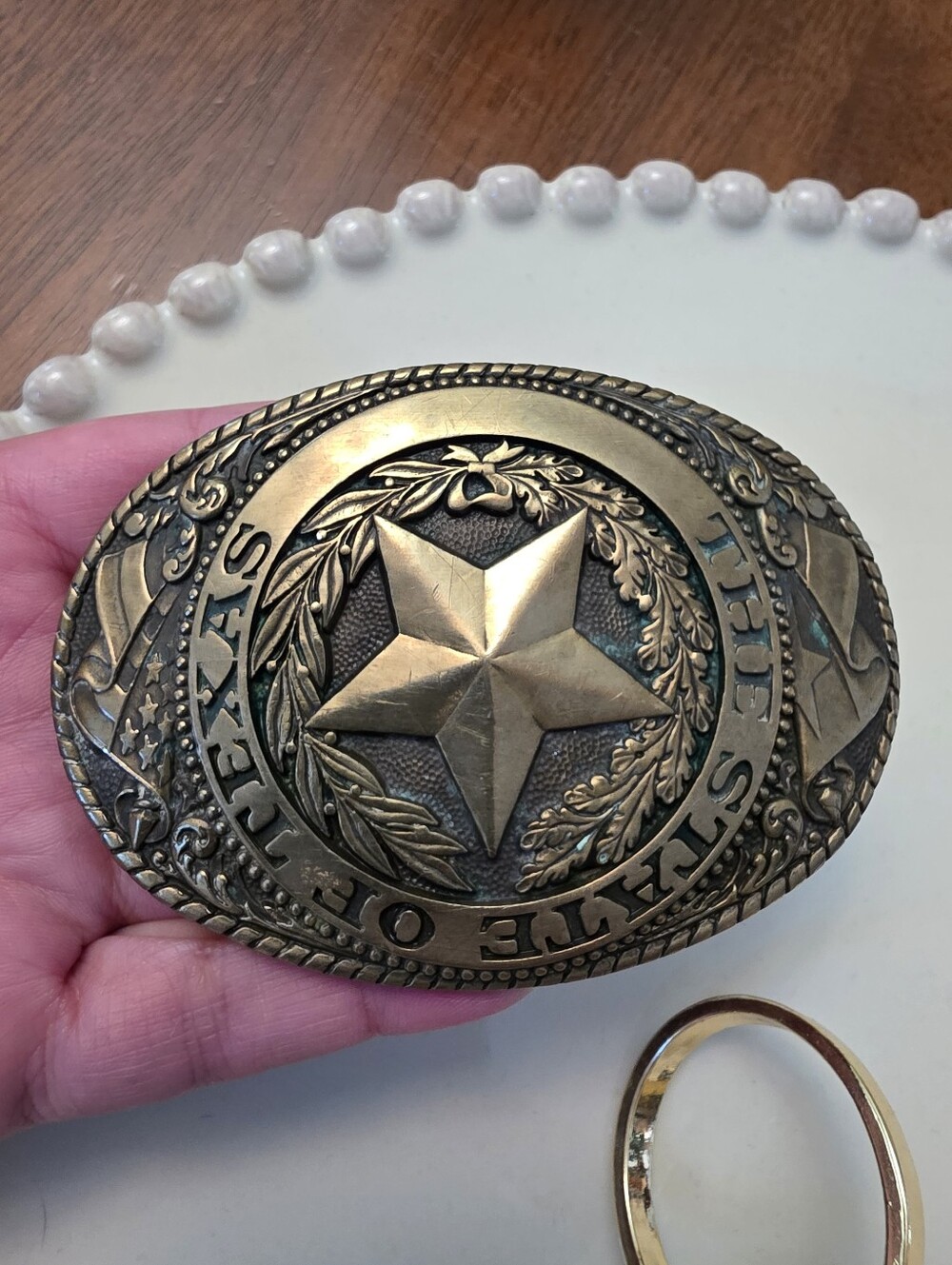 Vintage Tony Lama Texas State Star Western Belt Buckle in Antique Brass